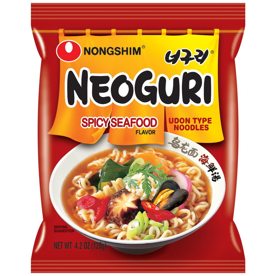 Nongshim Neoguri Ramen Noodle Bag, Spicy Seafood - 4 Pack